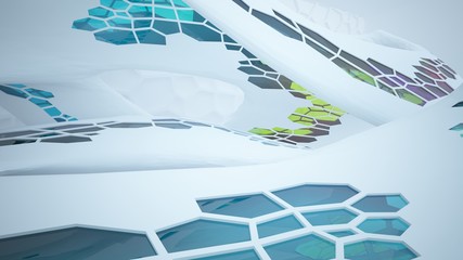 Abstract white and colored gradient glasses parametric interior  with window. 3D illustration and rendering.