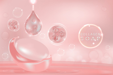 Collagen soap bar with cosmetic advertising background ready to use, luxury skin care ad, illustration vector.