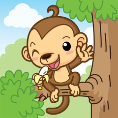 Monkey holding banana, Cute animal, Cute vector, cartoon animal