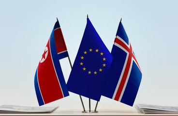 Flags of North Korea European Union and Iceland