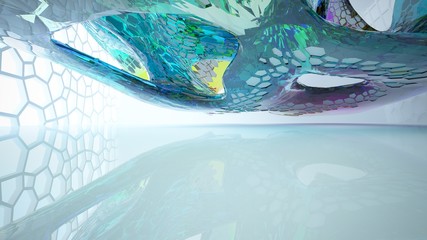 Abstract white and colored gradient glasses parametric interior  with window. 3D illustration and rendering.