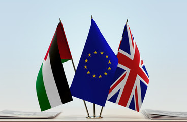 Flags of Palestine European Union and Great Britain