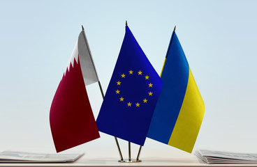 Flags of Qatar European Union and Ukraine
