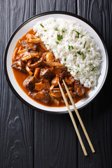 Japanese cuisine: Spicy beef with onions and mushrooms, as well as rice (Hayashi rice) close-up. Vertical top view
