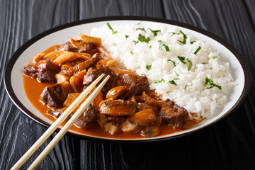 Japanese traditional food: Hayashi beef with onions and mushrooms in spicy sauce, and rice close-up. horizontal