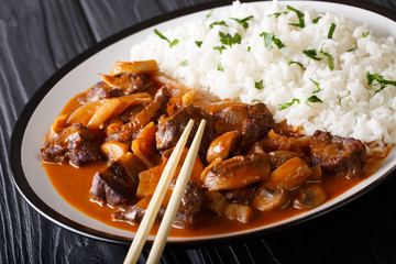 Traditional Hayashi beef with onions and mushrooms, as well as rice close-up on a plate. horizontal