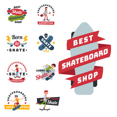 Skateboarders people tricks silhouettes sport badge extreme action active skateboarding urban young jump person vector illustration.
