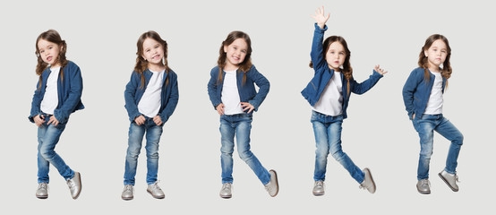 collage of funny little girl  in jeans and white t-shirt looking at camera  over white background.