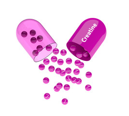 3d render of creatine pill with granules over white