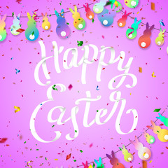 Easter greeting card with hanging rabbit, colorful confetti and handwritten inscription paper style, vector illustration