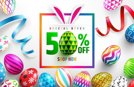 Easter Sale "50% off" banner template with Colorful Painted Easter Eggs and ribbon.Easter eggs with different texture on white background.Vector illustration EPS10