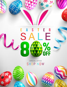 Easter Sale "80% off" banner template with Colorful Painted Easter Eggs and ribbon.Easter eggs with different texture on white background.Vector