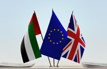 Flags of UAE European Union and Great Britain