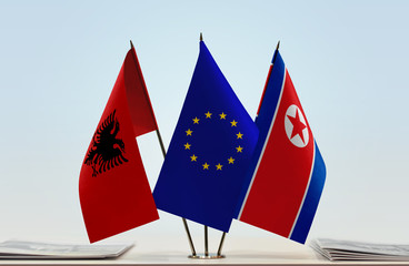 Flags of Albania European Union and North Korea