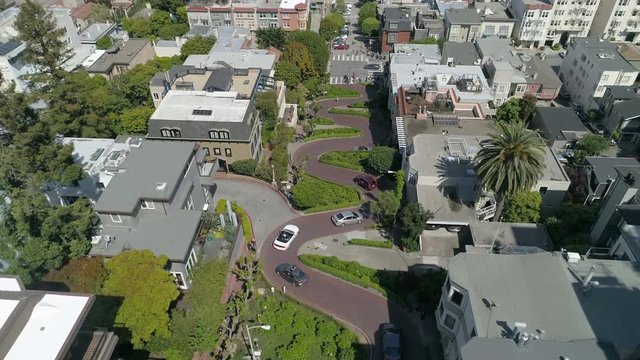 Aerial view of cars driving on Lombard Street