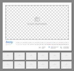 Naklejka premium Convenient wall calendar 2019 year, monthly, flat. Suitable planner with big copyspace and little parts on every month. Vector illustration