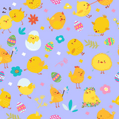 Fototapeta premium Easter seamless pattern with eggs and cute chickens. Vector illustration