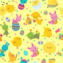 Easter seamless pattern with eggs and cute rabbit. Vector illustration
