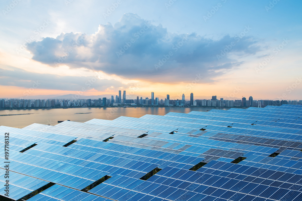 Wall mural solar panels with cityscape of singapore