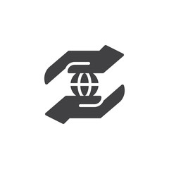 Hands hold globe vector icon. filled flat sign for mobile concept and web design. Hand protect the earth simple solid icon. Symbol, logo illustration. Pixel perfect vector graphics