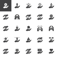 Hand feature vector icons set, modern solid symbol collection, filled style pictogram pack. Signs, logo illustration. Set includes icons as setting gear in hand, exchange, clock, puzzle, security