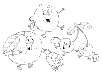 Funny fruits. Orange, lemon, cherry. Coloring page. Coloring book. Cute cartoon characters isolated on white background. 