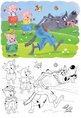 Three little pigs. Fairy tale. Coloring book. Coloring page. Illustration for children. Cute and funny cartoon characters