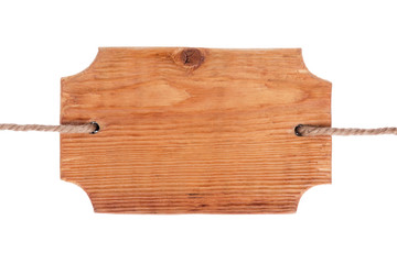 Old wooden signboard of light wood, hanging on ropes. Isolated