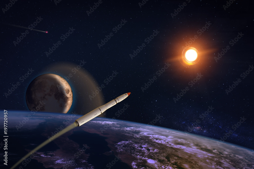 Poster hypersonic missile or rocket over the apocalyptic earth. a comet runs in the space. elements of this