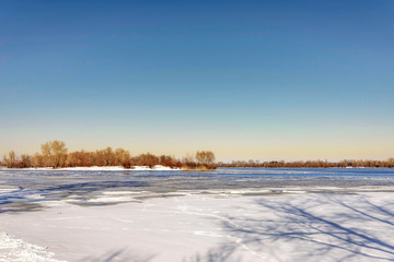Obraz premium View of willow trees and poplars close to the Dnieper River in Kiev during a cold and clear winter afternoon