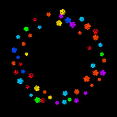 Colorful Bear Footprints. Prints of Paws with Big Claws for Petshop Design or for Goods for Pets. Simple Pattern for Print, Logo or Poster. Vector Confetti Background.
