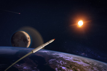 Hypersonic missile or rocket over the apocalyptic Earth. A comet runs in the space. Elements of...