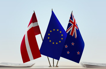 Flags of Kingdom of Denmark European Union and New Zealand