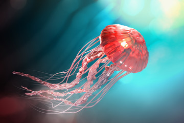 3d rendering of pink jellyfish floating in the dark blue ocean background with sunlight. - obrazy, fototapety, plakaty