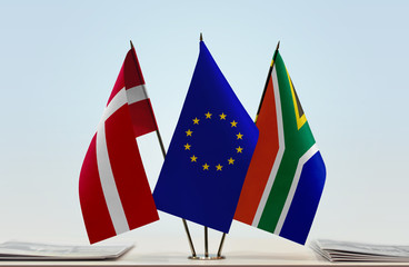 Flags of Kingdom of Denmark European Union and Republic of South Africa