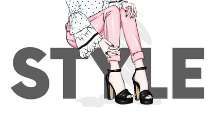 Long slender legs in tight trousers and high-heeled shoes. Fashion, style, clothing and accessories. Vector illustration. Stylish girl. - 197721779