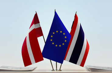 Flags of Kingdom of Denmark European Union and Thailand