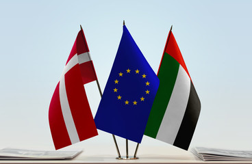 Flags of Kingdom of Denmark European Union and UAE