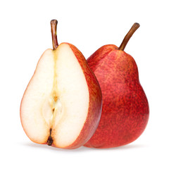 Red pear closeup isolated on white background with shadow.