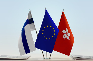 Flags of Finland European Union and Hong Kong