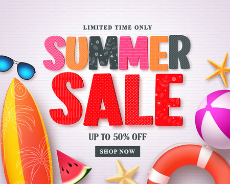 Summer sale vector banner design template with red sale text and colorful beach elements in white pattern background for summer holiday discount promotion. Vector illustration.
