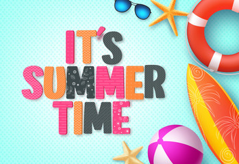 It's summer time background banner template with colorful 3D summer text and beach elements in blue pattern background for summer season. Vector illustration.
