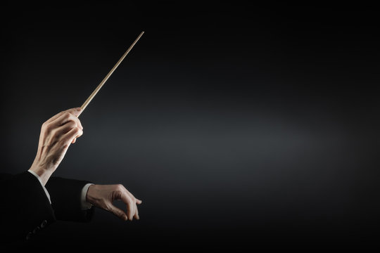 Orchestra conductor music conducting. Hands of conductor with baton