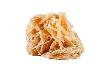 Macro shooting of natural gemstone. Mineral desert rose, Tunisia. Isolated object on a white background.
