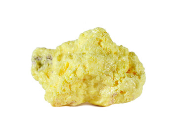 Macro shooting of natural gemstone. Raw mineral sulfur, Indonesia. Isolated object on a white background.