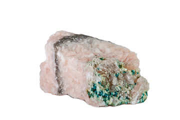 Macro shooting of natural gemstone. Raw mineral dolomite, Morocco. Isolated object on a white background.