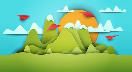 Fototapeten Türkis 3D-Vektorpapier geschnittene grüne Landschaft mit Bergen, Flugzeugen, Wolken. Cartoon-Kunstillustration im minimalistischen Handwerksstil. Buntes Konzept des modernen Layouts für Hintergrundabdeckung, Poster, Karte.  © cgterminal