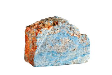 Macro shooting of natural gemstone. Raw mineral dumortierite. Madagascar. Isolated object on a white background.