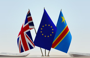 Flags of Great Britain European Union and Democratic Republic of the Congo (DRC, DROC, Congo-Kinshasa)