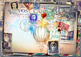 Selbstklebende Fototapeten Alte Postkarte mit Briefmarken und Montgolfier © Rosario Rizzo